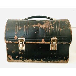 Vtg Aladdin Dome Top Metal Lunch Box Work Pail Black Latched No Thermos USA